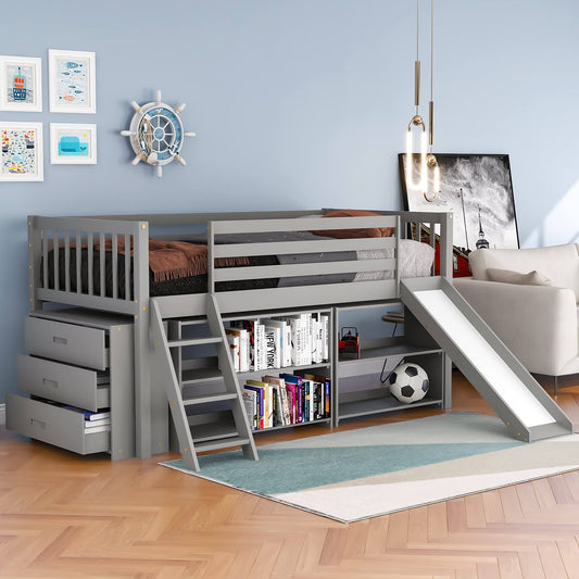 Twin Loft Bed With Bookcases, Wood Loft Bed Twin Size, Low Study Twin Size Loft Bed Frame With Drawers And Slide, Grey