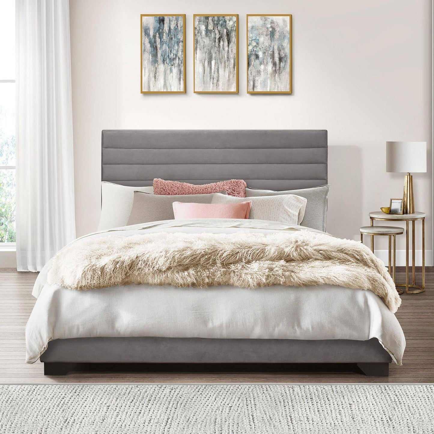 Upholstered Queen Horizonal Tuft Platform Bed, Natural, Beige