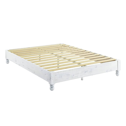 12 Inch Solid Wood Frame Platform Bed With Large Apron, Rustic Style, White Washed Finish, Queen