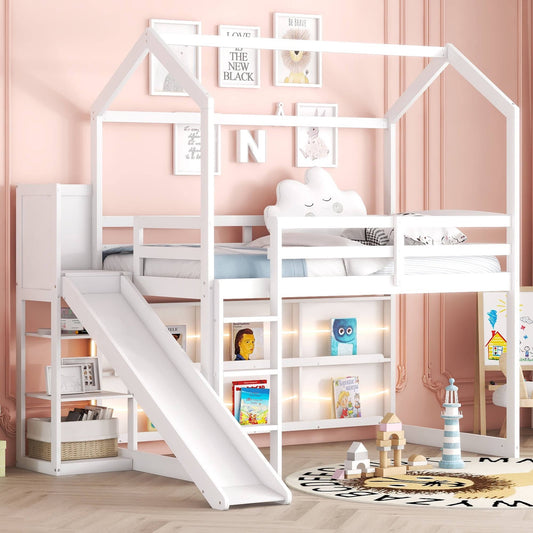 Wood Twin Size Loft Bed With Shelf And Slide, Led Light Strip And Bookcase For Kids Teens Adults, White