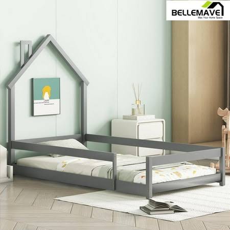 Twin Size Floor Bed With House-Shaped Headboard And Fence Twin Montessori Floor Bed Frame With Fence Twin House Bed Low Floor Bed For Kids,