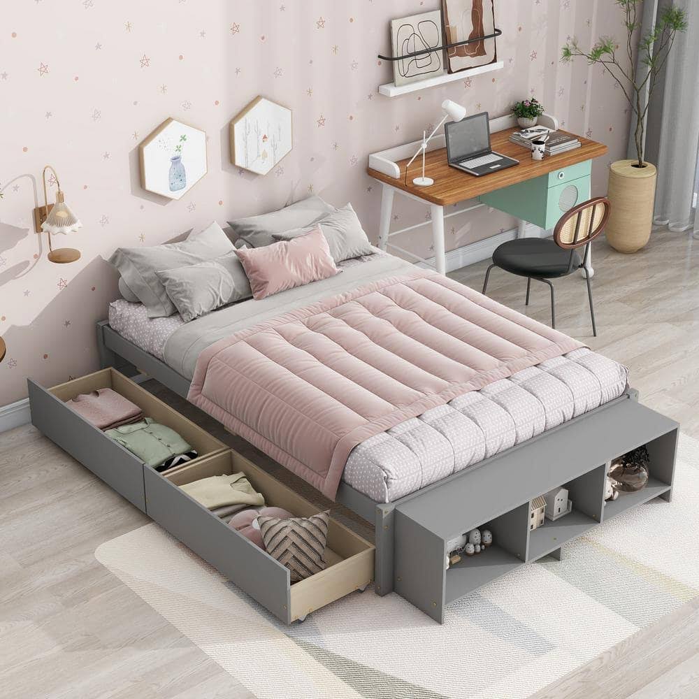 Wood Frame Full Size Platform Bed With Storage Case And 2-Drawer