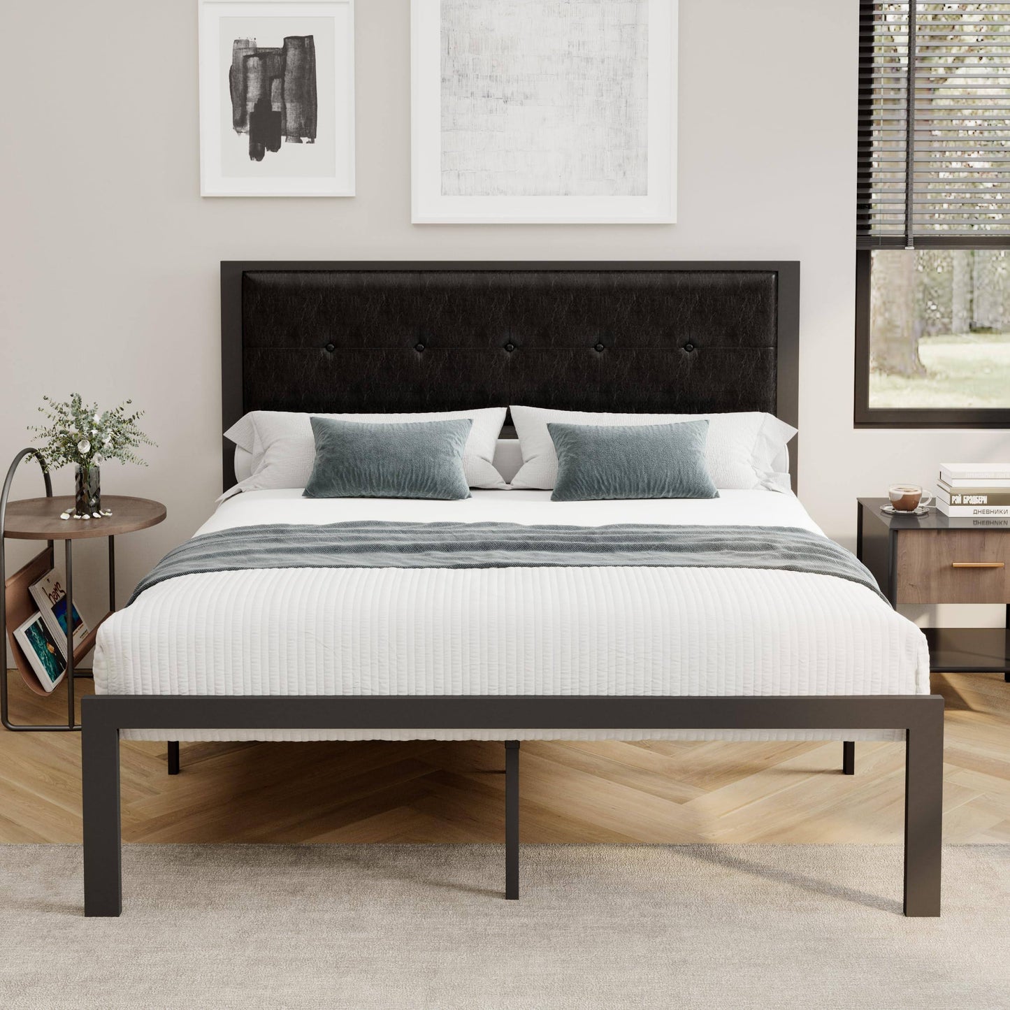 Twin Bed Frames With Upholstered Button Tufted Headboard, Platform Bed Frame With 11 Underbed Storage, No Box Spring Needed, Noise Free, Dark