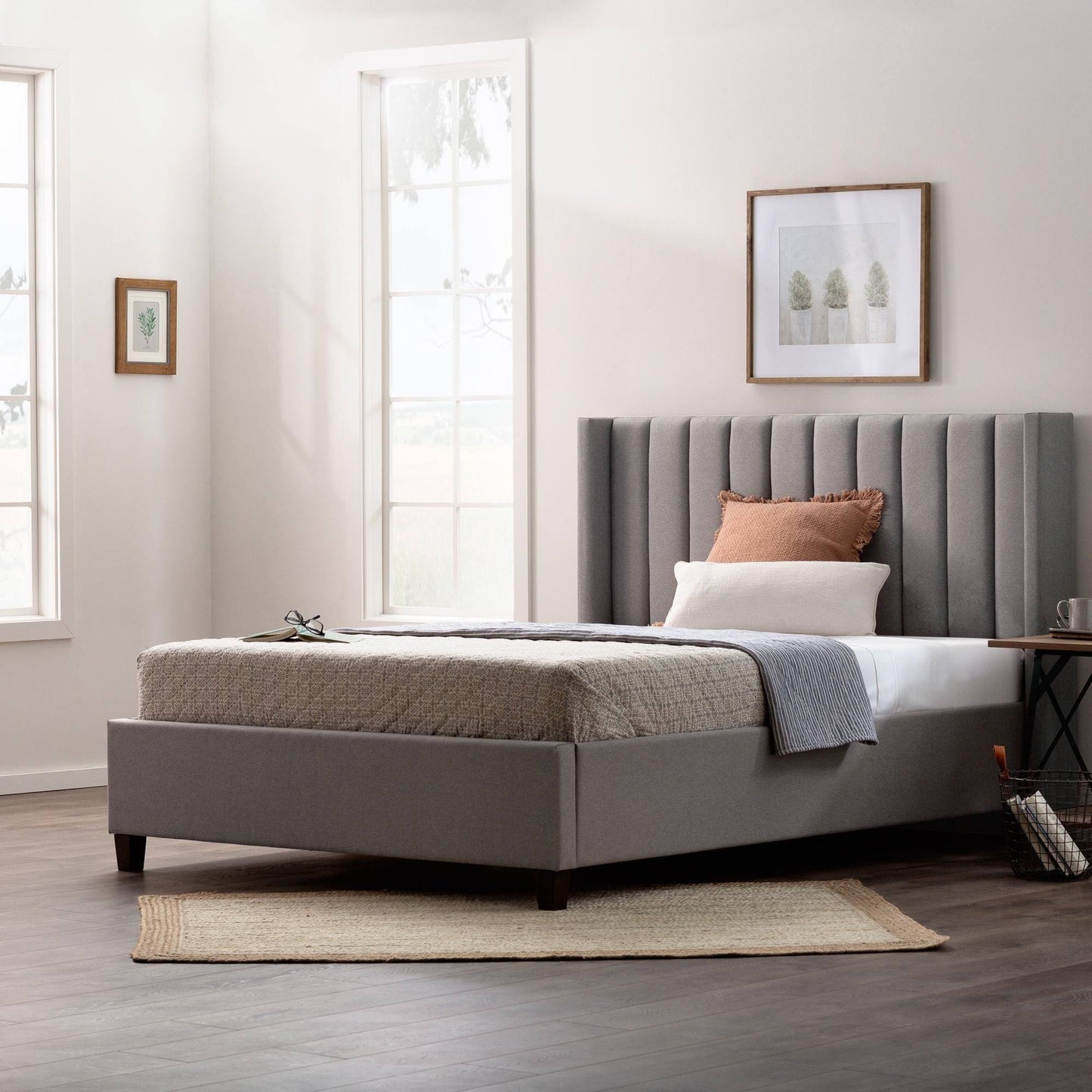 Adele Gray Stone Upholstered King Platform Bed Frame With A Vertical Channel Tufted Wingback Headboard, Grey