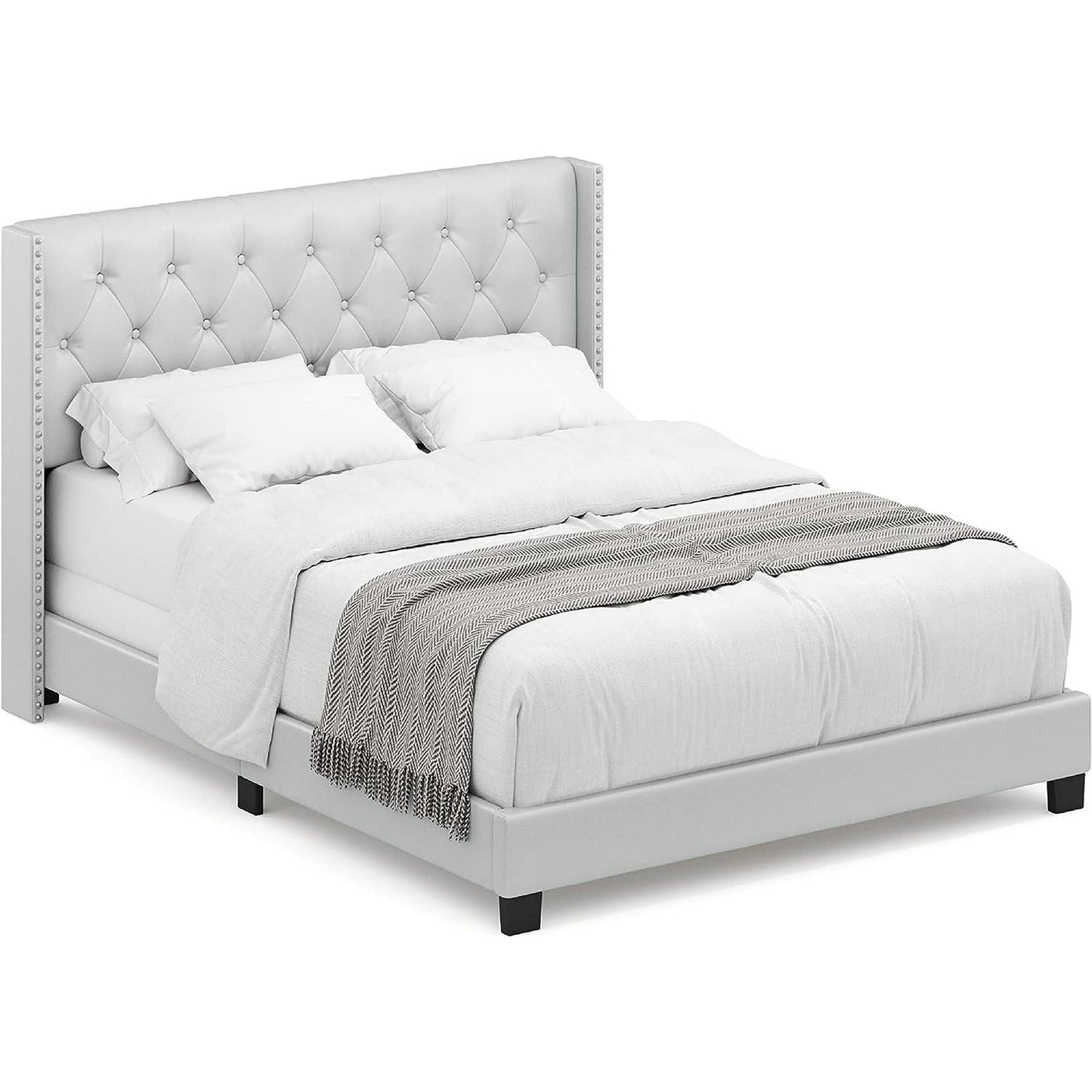 Bardy Upholstered Panel Bed Frame With Storage Drawers And Diamond Tufted Nailhead Trim Wingback Headboard, Queen Size I