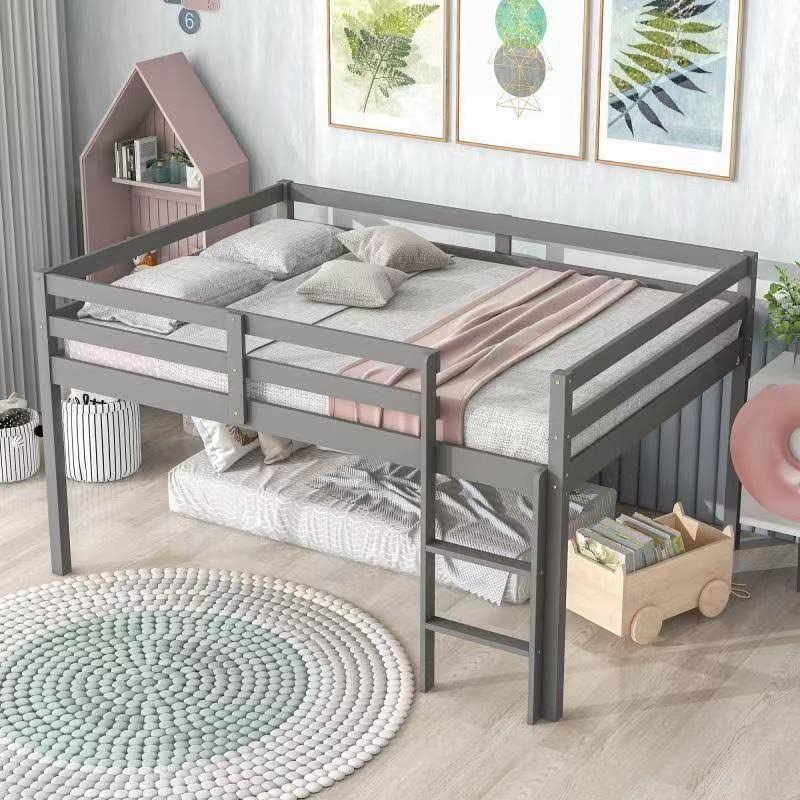 Bright Designs Low Loft Bed Full Size Kids Loft Wood Bed Frame With Ladder For Girls, Boys (Full Size, Gray)