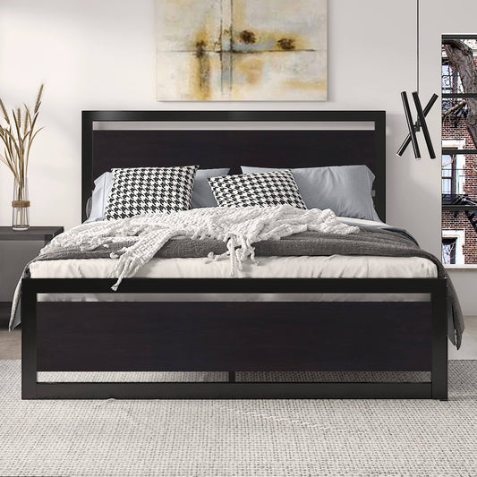 Cerlin Queen Size Bed Frame With Modern Wooden Headboard/Heavy Duty Platform Metal Bed Frame With Square Frame Footboard & 13 Strong Metal Slats