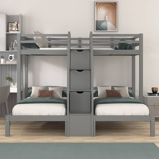 Twin Over Twin Over Twin 3 Drawer Bunk Bed With Built-In-Desk By   Bed Frame Color: Gray