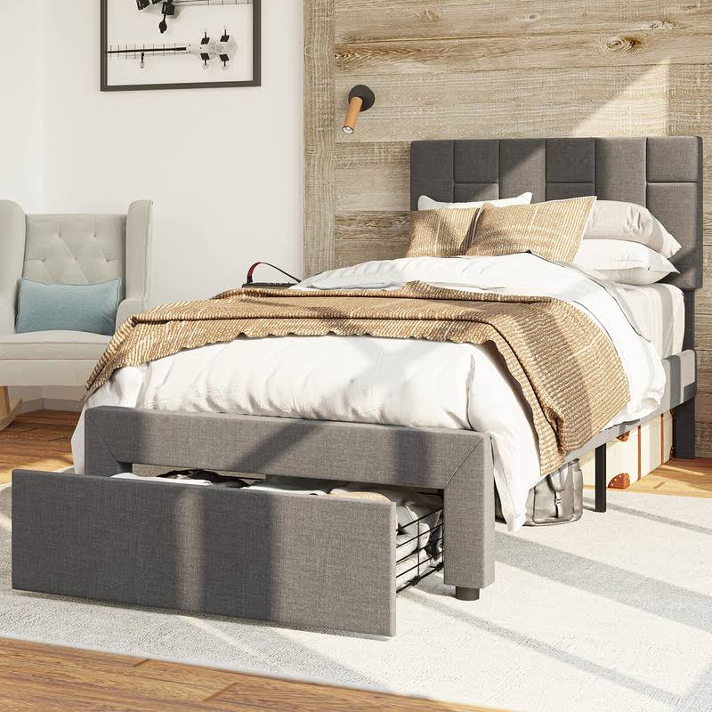 Twin Bed Frame With Xl Under-Bed Drawer, Platform Upholstered With Headboard, No Box Spring Needed/Noise-Free, Grey