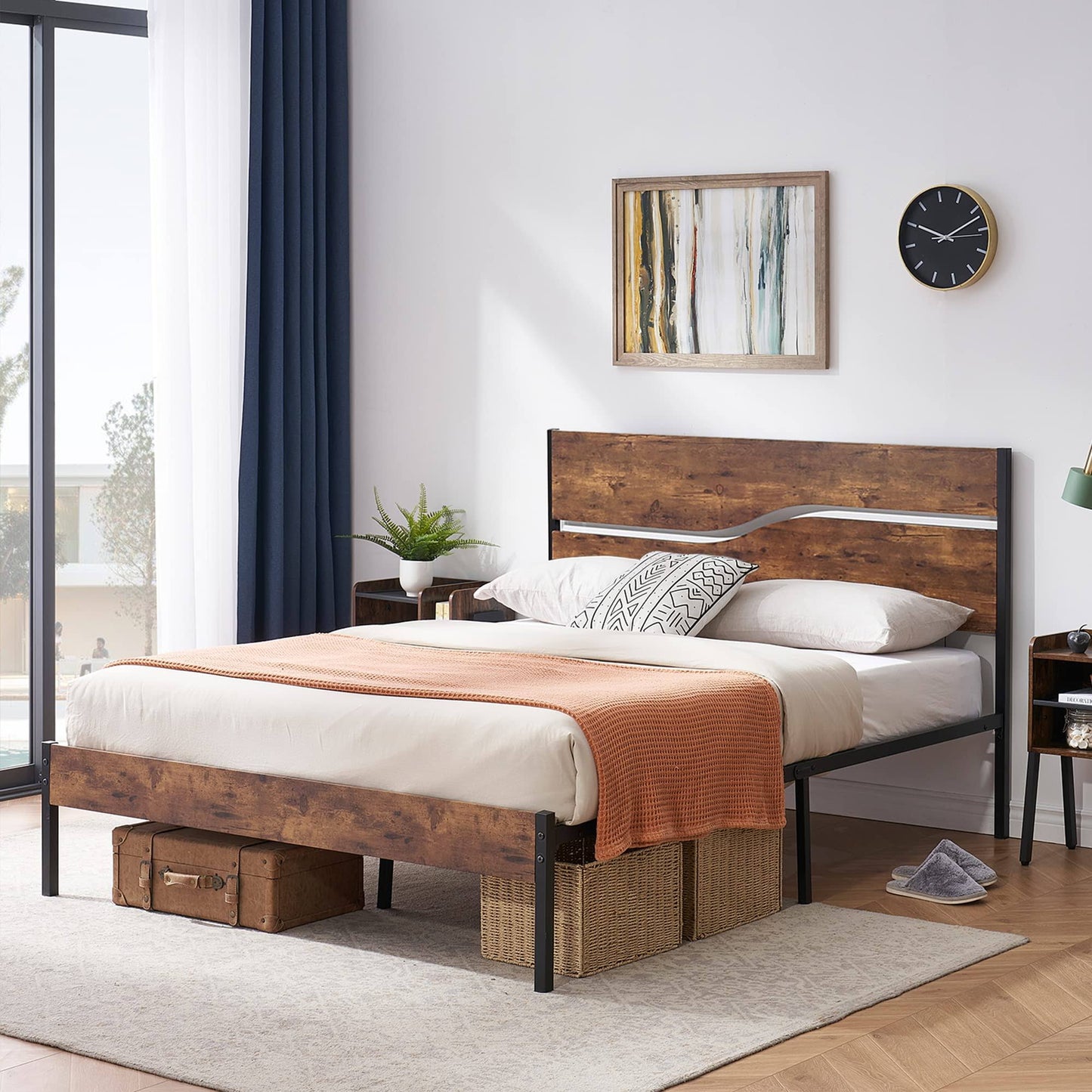 Twin Bed Frame With Rustic Wood Headboard, Strong Metal Slats Support No Box Spring Needed, Easy Assembly