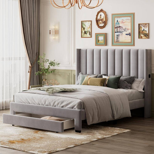 Wood Frame Velvet Upholstered Queen Size Platform Bed With A Big Drawer And 2-Small Pockets