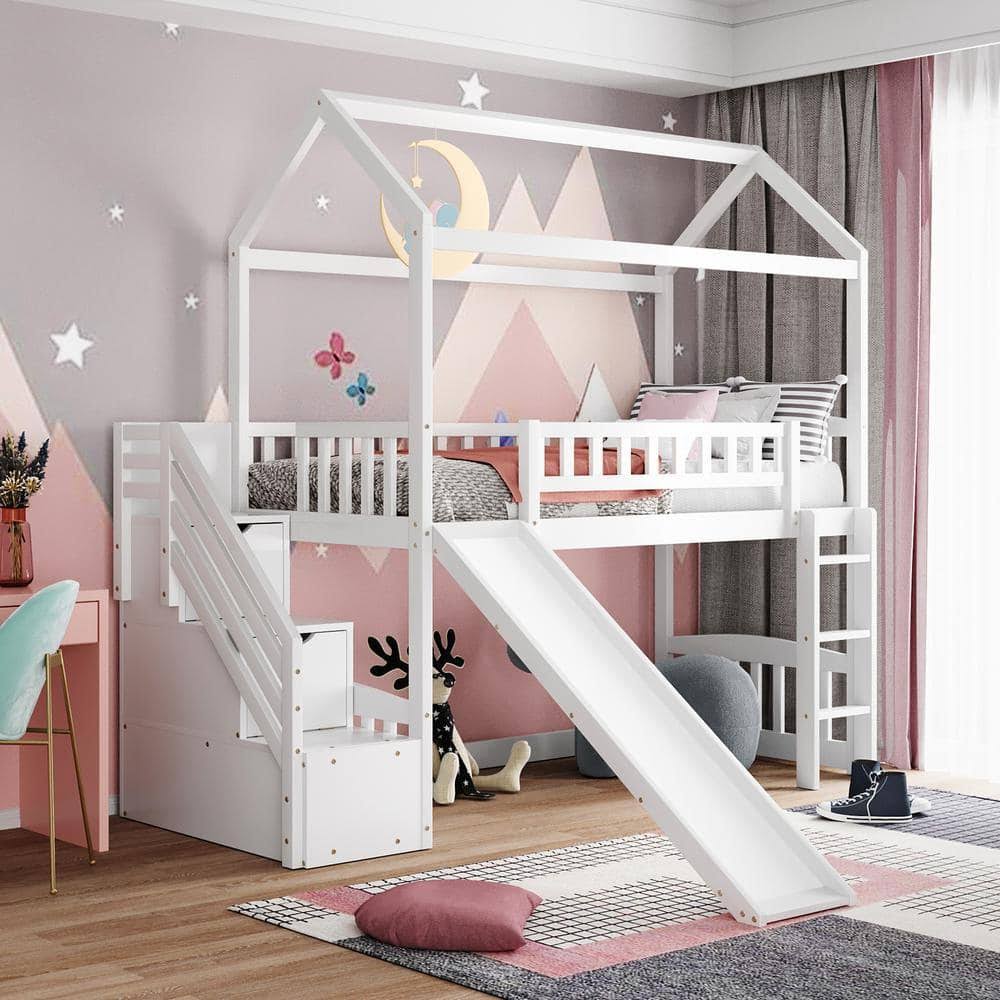 Twin Size Loft Bed With Two Drawers And House Bed With Slide