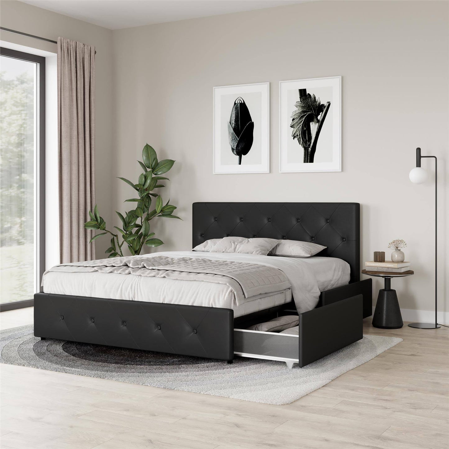 Dakota Upholstered Platform Bed With Storage Drawers, Black Faux Leather, Queen