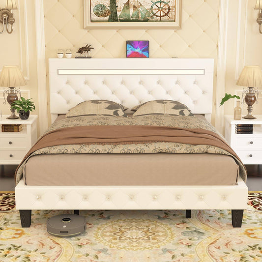 Bed Frame Queen Size With Headboard, Led Leather Bed Frame Full, Upholstered Platform Bed With Usb Ports & Socket, App Control, No Box Spring