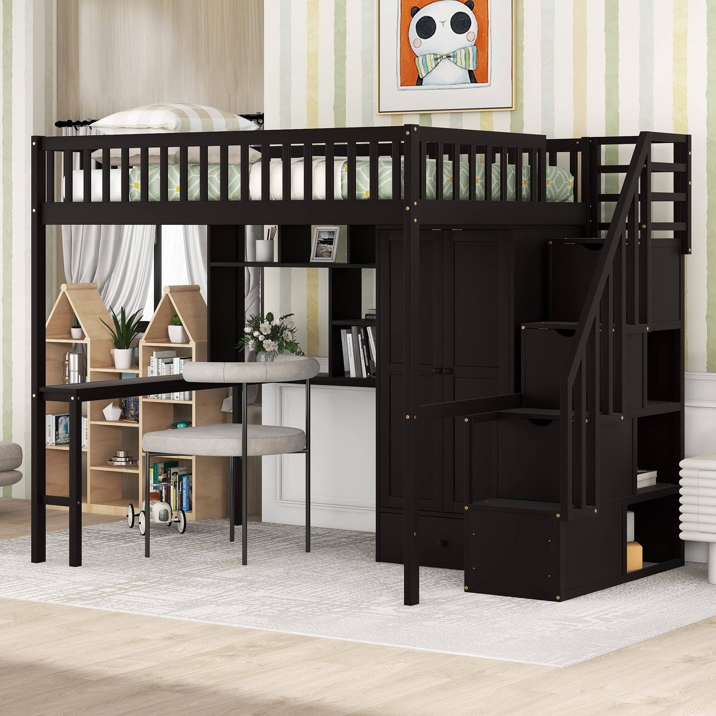 Bright Designs Full Size Loft Bed With Storage Stairs, Desk, Bookshelf, Drawers And Wardrobe, Solid Wood Loft Bed Frame For Kids Teens