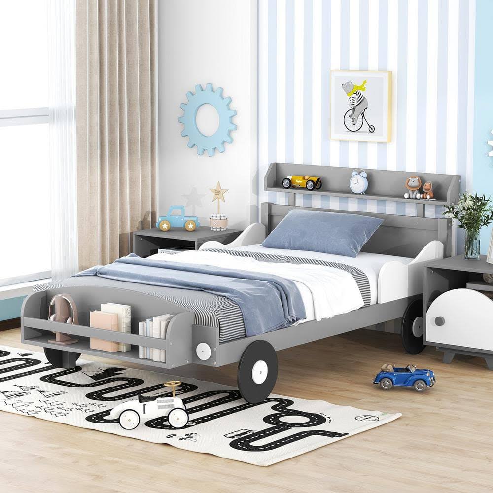 Twin Size Car-Shaped Platform Bed With Storage Shelves