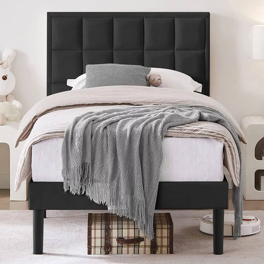 Twin Size Bed Frame Velvet Platform Bed Frame With Higher Comfortable Headboard, Black