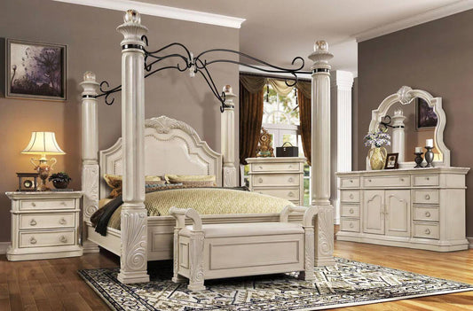 White Solid Hardwood King Canopy Bedroom Set 2pcs  B6006 Classic