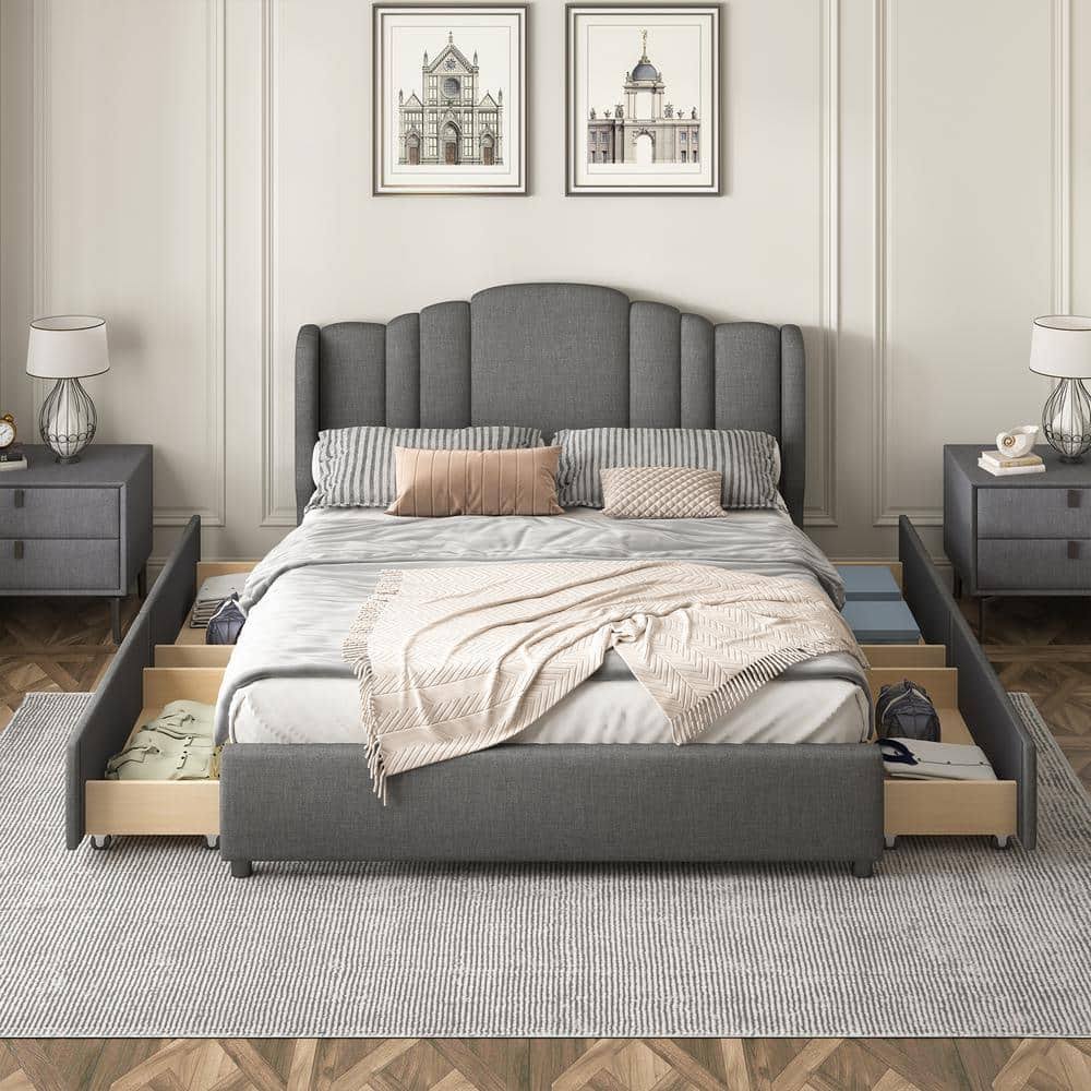 Upholstered Wood Frame Queen Size Platform Bed With Wingback Headboard And 4 Storage Drawers