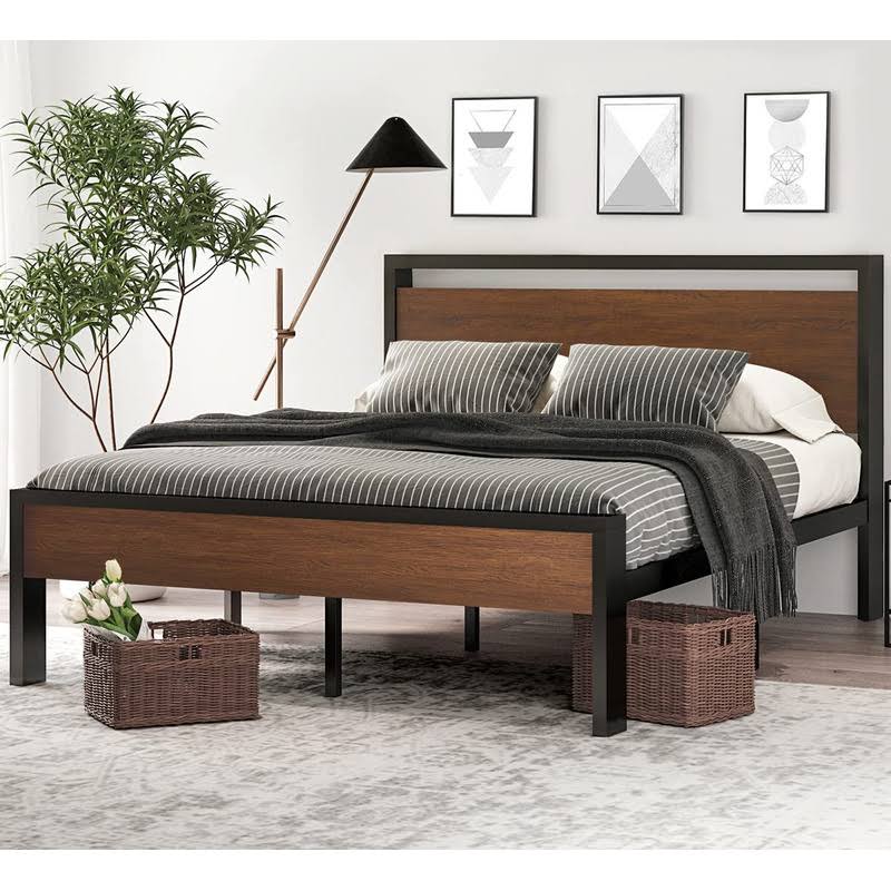 Cerlin 14 Inch Full Size Metal Platform Bed Frame With Wooden Headboard And Footboard, Mattress Foundation, No Box Spring Needed, Large Under