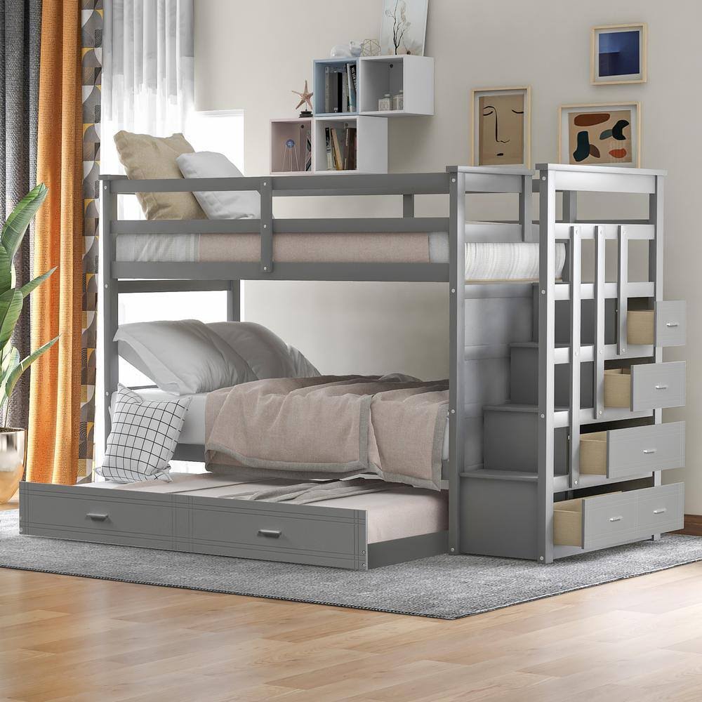 Twin Over Twin Wood Bunk Bed With Trundle And Storage Staircase