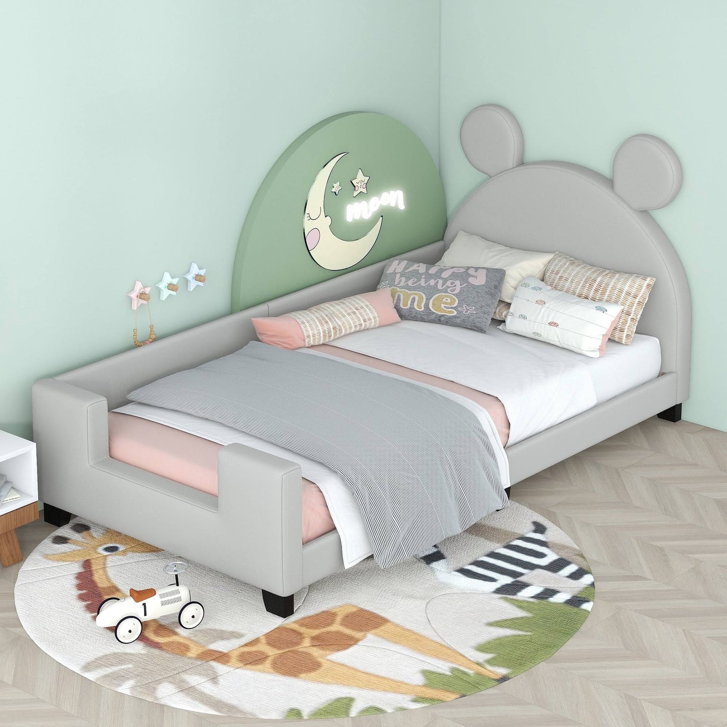 Twin Upholstered Day Bed Frame For Boys Girls Toddlers Wood Platform Bed With Mouse Ears Headboard For Kids Room Bedroom Pu Leather Sofa Bed