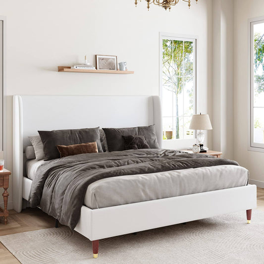 Upholstered Bed Frame Full Size 51.2 Inch High Linen Platform Bed With Wingback Headboard/No Box Spring Needed/Easy Assembly/Light Grey,