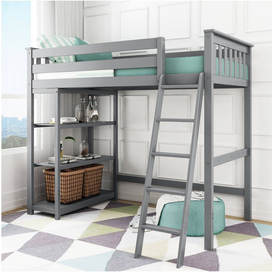 And Lily Twin Size High Loft Bed With Bookcase - Pecan