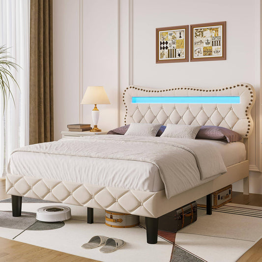 Bed Frame With Led Lights, Upholstered Platform Bed Frame With Adjustable Headboard, 8 Inch Under-Bed Space, Sturdy Wooden Slats, Noise-Free, No