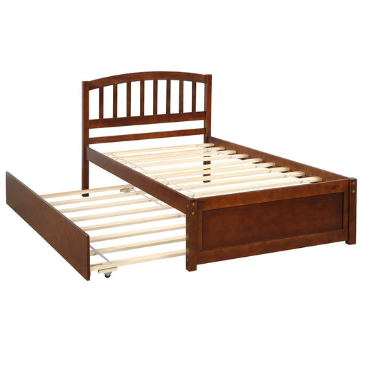 Twin Platform Bed Frame With Trundle For Kids, Farmhouse Bed Frame With Headboard, No Box Spring Needed (Walnut)