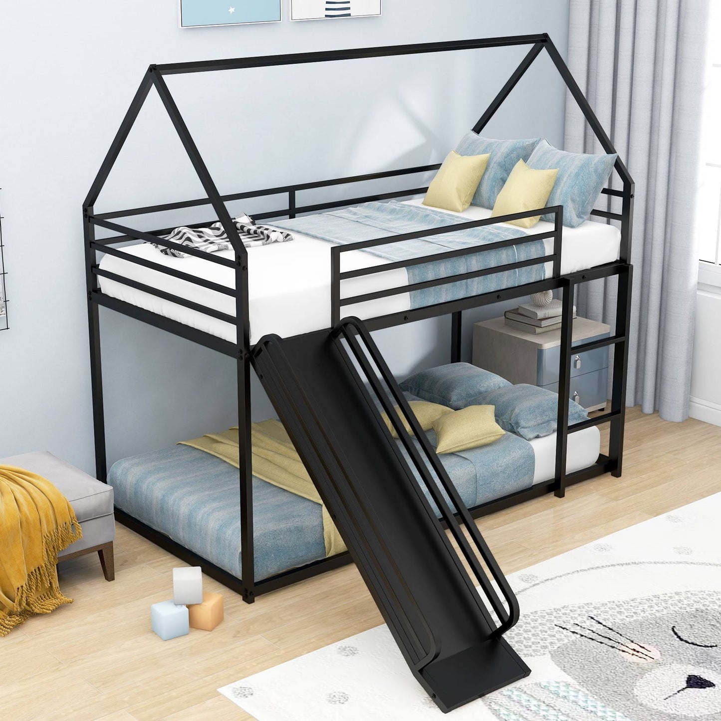 Twin Over Twin House Bunk Bed With Ladder And Slide For Bedroom