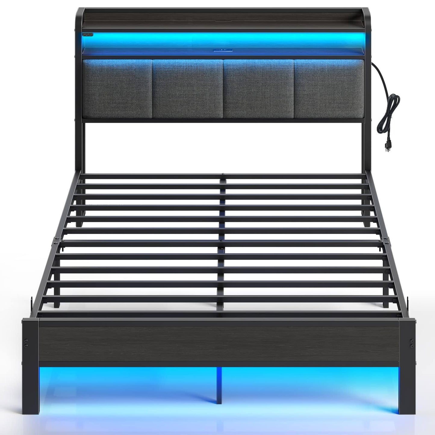 Bed Frame Full Size With Charging Station And Led Lights, Upholstered Headboard With Storage Shelves, Heavy Duty Metal