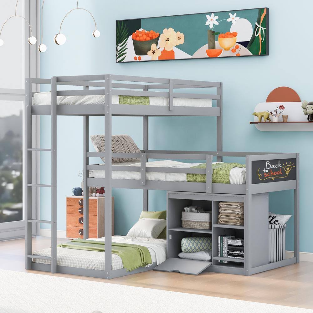 Bright Designs Gray L-Shaped Wood Triple Twin Size Bunk Bed With Blackboard, 4-Storage Cabinets And Ladder