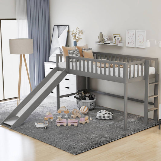 Wood Twin Loft Bed With Vertical Ladder And Slide Low Profile Space-Saving Kids Storage Loft Bed Gray