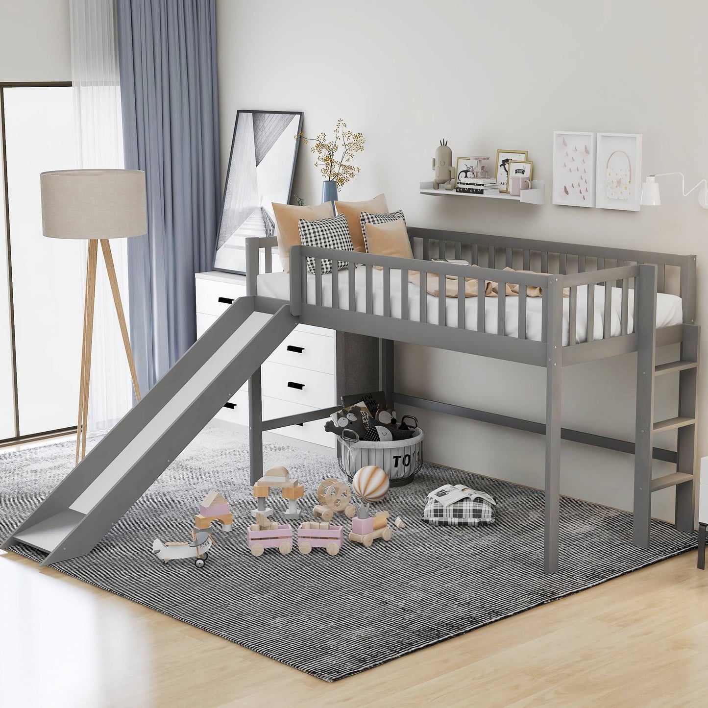 Wood Twin Loft Bed With Vertical Ladder And Slide, Low Profile Space-Saving Kids Storage Loft Bed, White