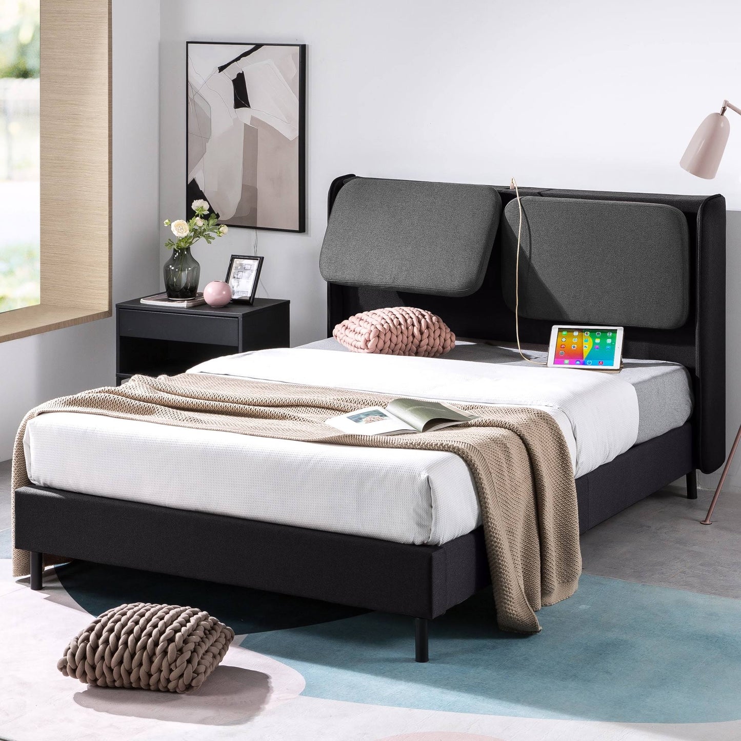 41 Inch Avery Platform Bed With Reclining Headboard And Usb Ports, Black, Full