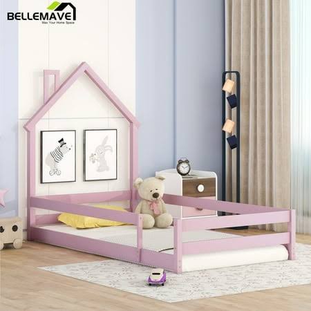 Twin Size Floor Bed With House-Shaped Headboard And Fence Twin Montessori Floor Bed Frame With Fence Twin House Bed Low Floor Bed For Kids,