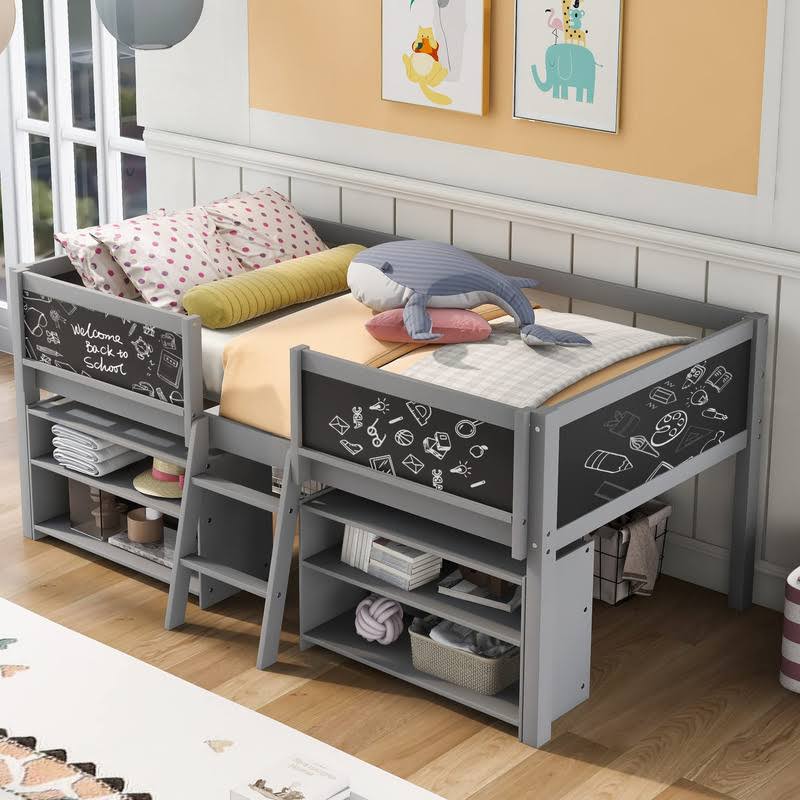 Bright Designs Low Loft Bed With 2 Movable Storage Shelves, Twin Frame With Chalkboard And Ladder, Multifunctional Loft Bed For Kids Boys