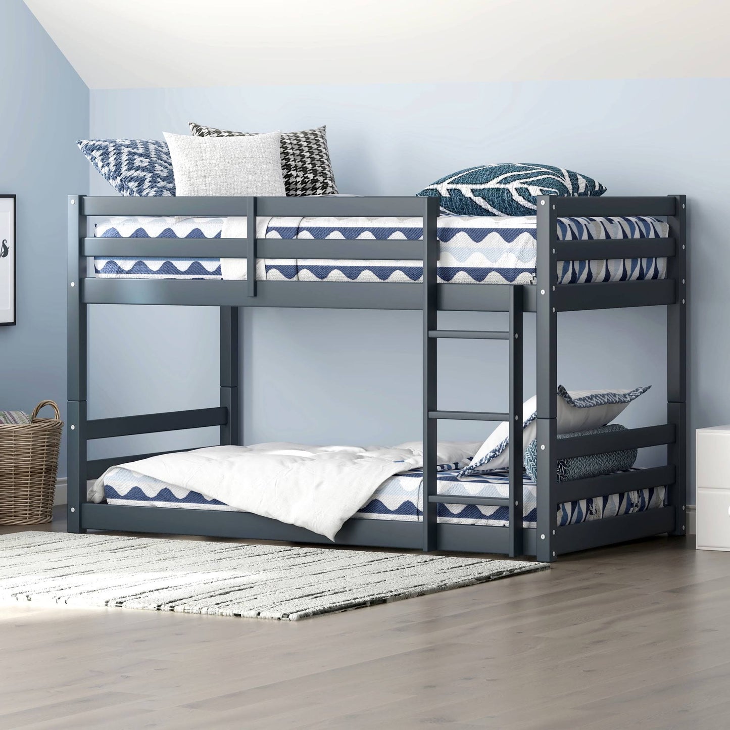 Wood Twin Over Twin Floor Convertible Bunk Bed, White, Size: Twin Bunk Bed