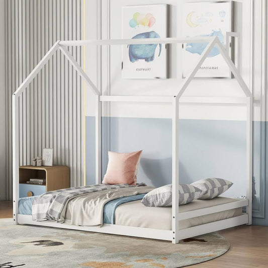 Toddlers House Beds Twin Montessori Bed For Kids Wood Floor Bed Frame Bedroom Furniture For Girls Boys, Natural