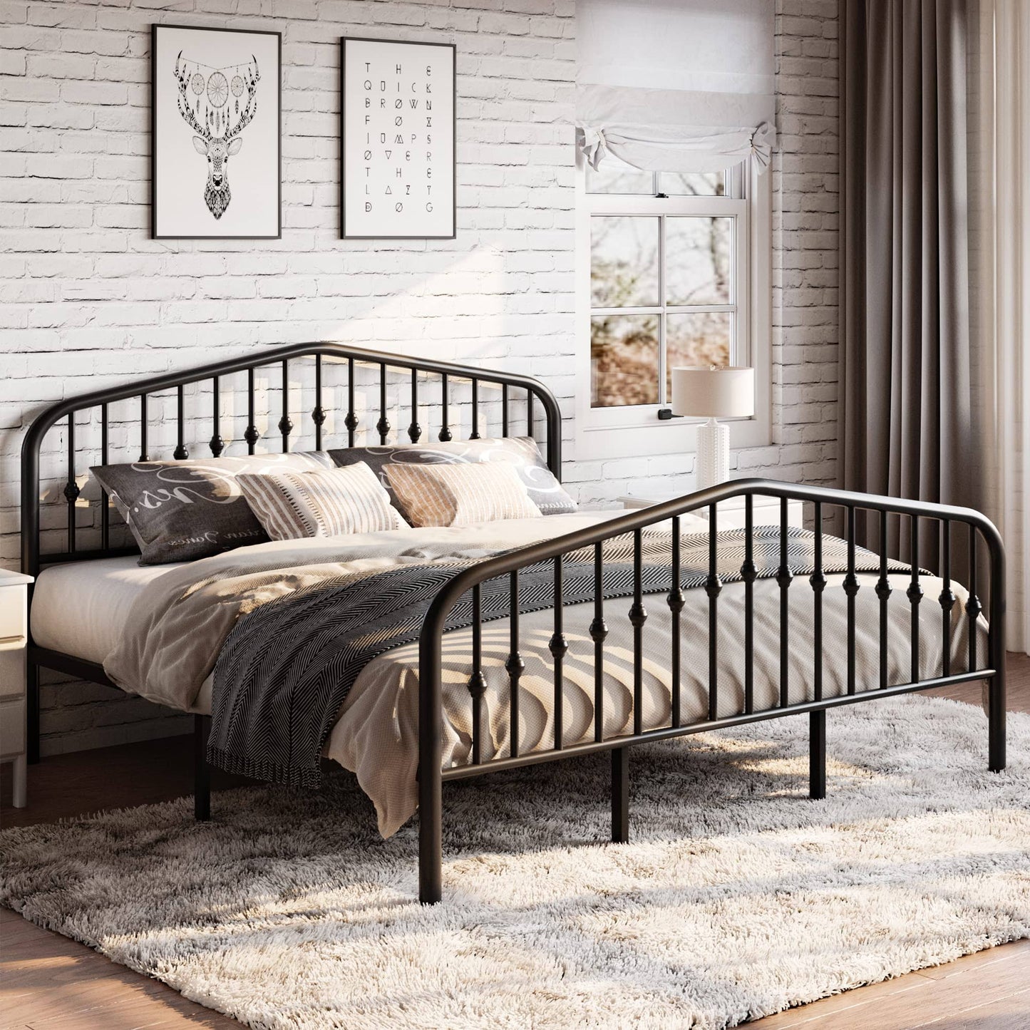 Cerlin Full Size Metal Platform Bed Frame With Victorian Style Wrought Iron-Art Headboard/Footboard, No Box Spring Required, Black