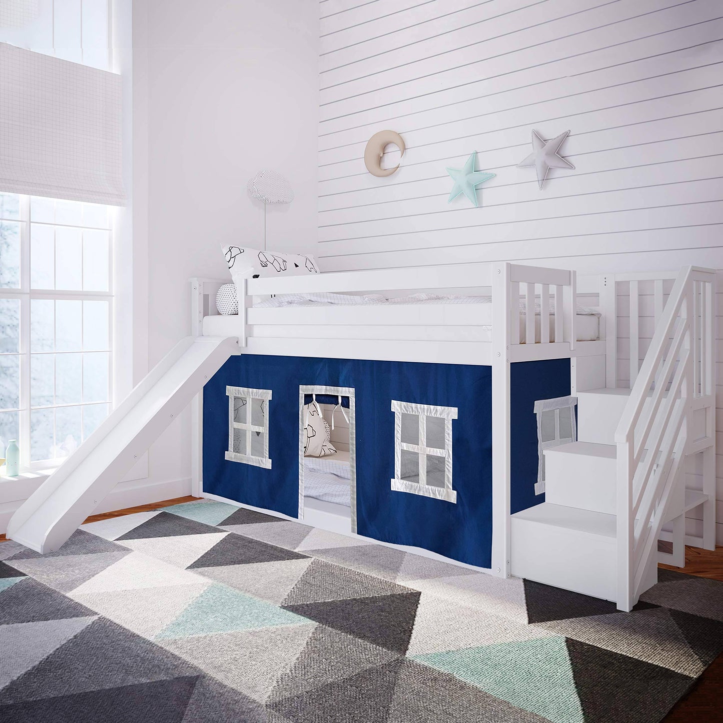 Bunk With Stairs And Slide With Curtains | Grey / Grey/White | Max & Lily