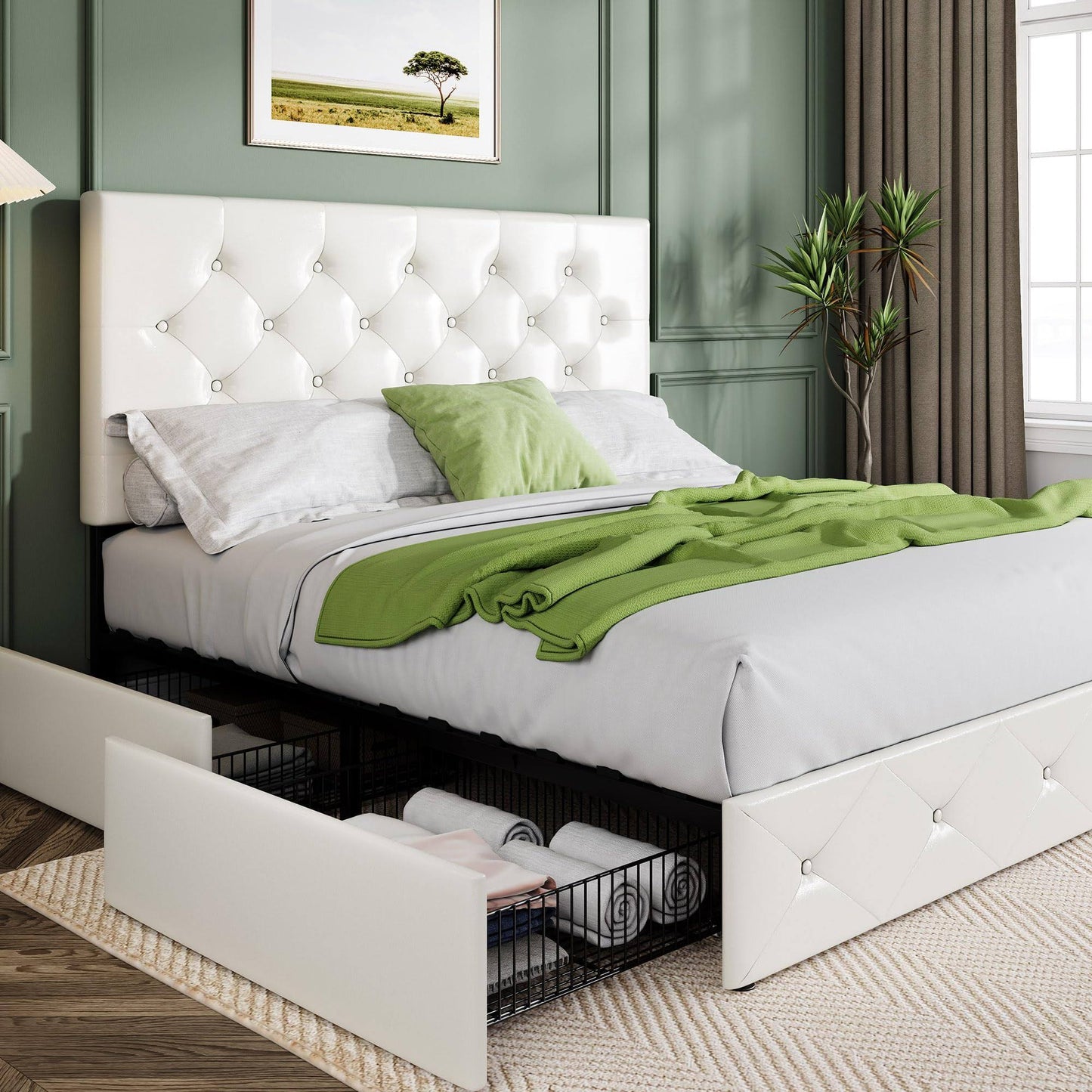 Upholstered Queen Size Platform Bed Frame With 4 Storage Drawers And Headboard, Diamond Stitched Button Tufted, Mattress