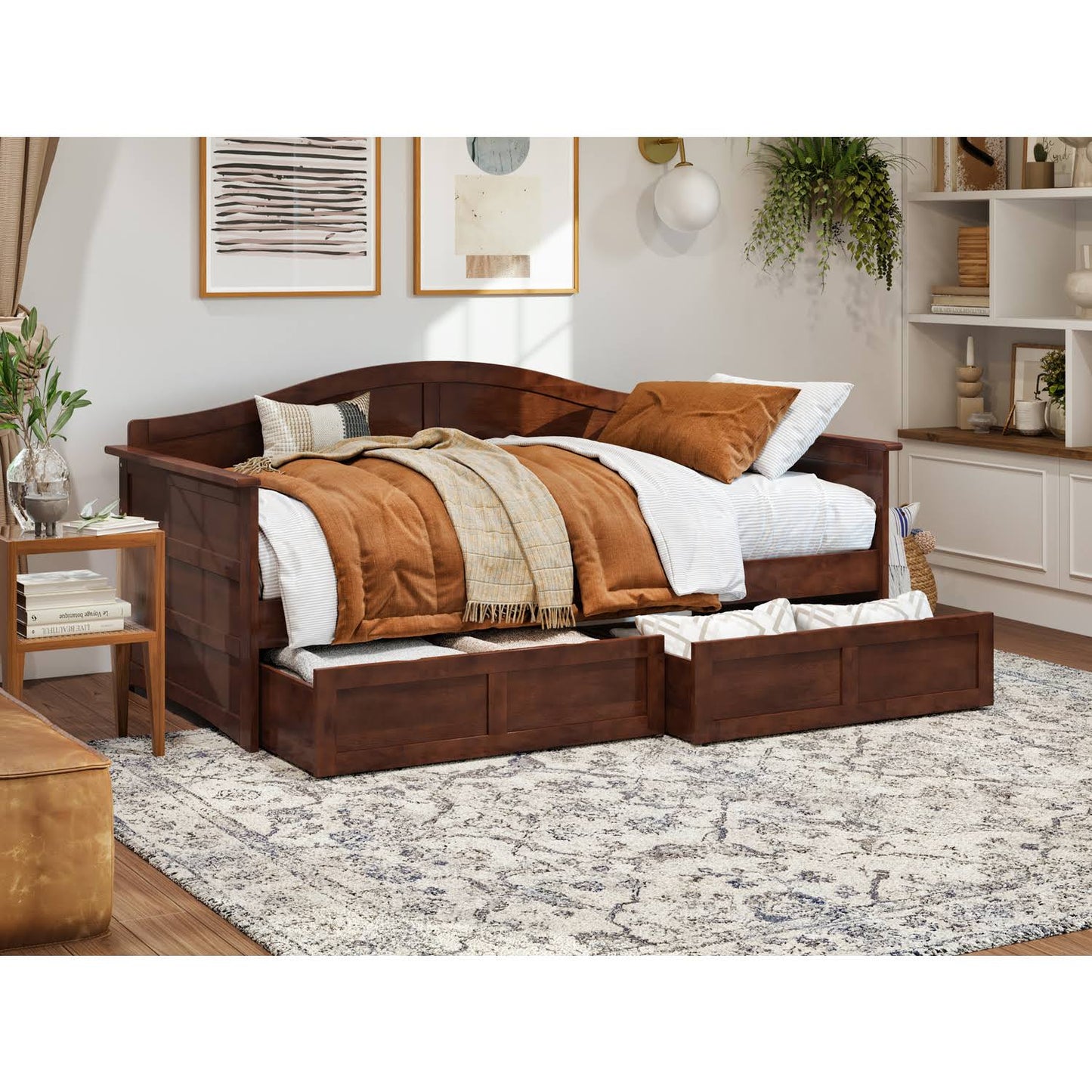 Acadia Twin Wood Daybed With Twin Size Trundle In Walnut, Brown