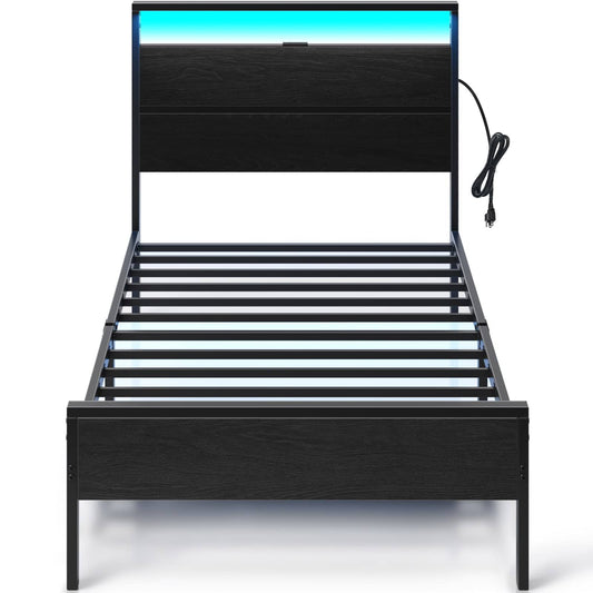 Bed Frame With Charging Station, Queen Bed With Led Lights Headboard, Metal Platform, Strong Metal Slats Support, 10.2