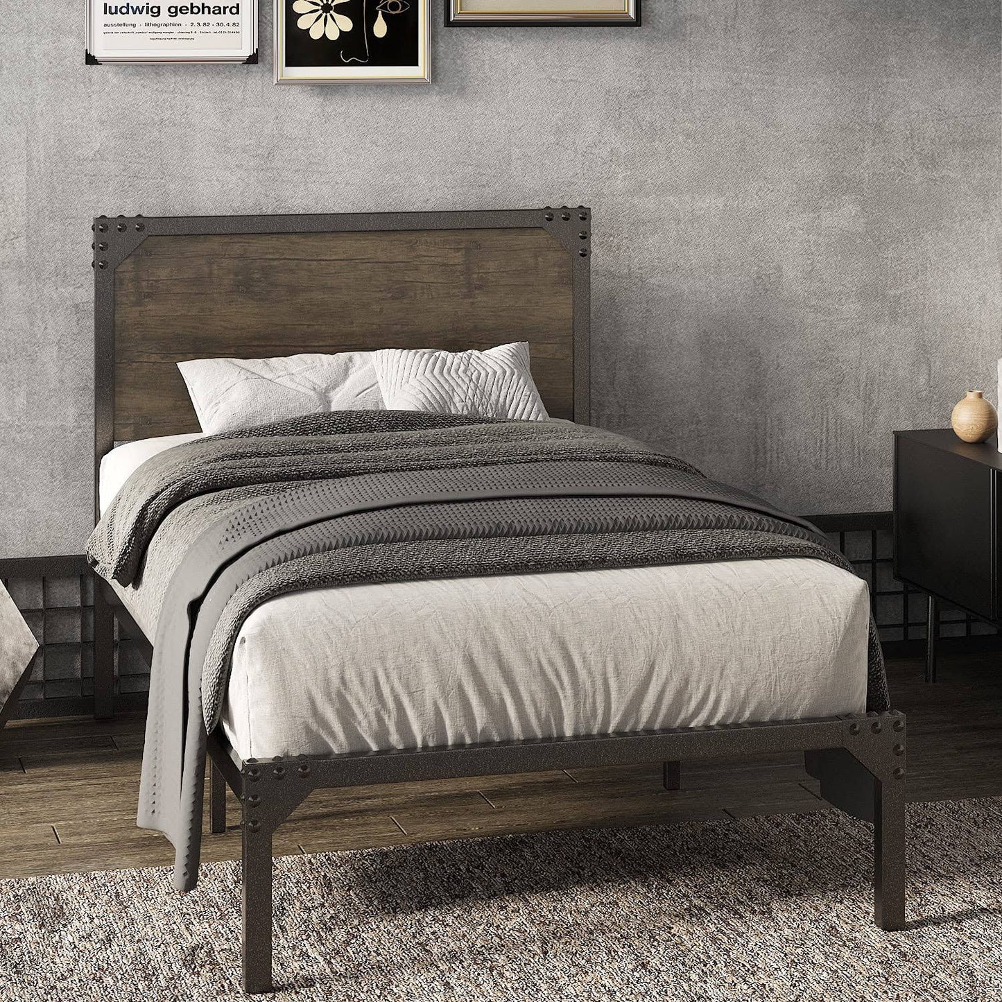 Twin Size Industrial Platform Metal Bed Frame With Wooden Rivet Headboard Brown