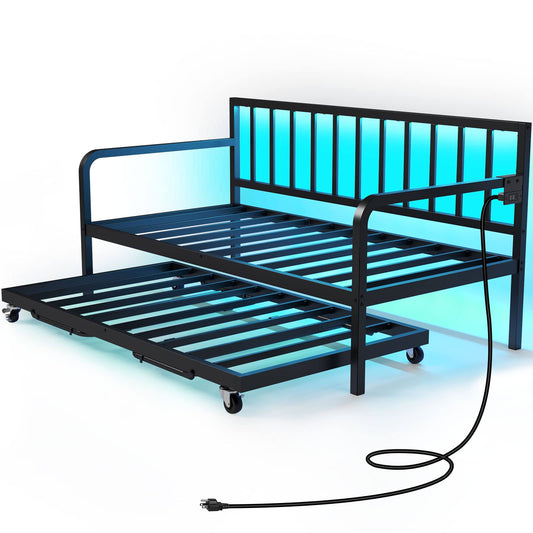 Daybed With Charging Station And Led Lights, Height Adjustable Twin Daybed With Trundle, Metal Sofa Bed Frame With Steel Slat Support For