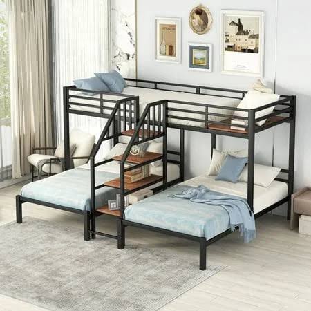 Triple Bunk Bed For 3, Twin Over Twin & Twin Size Bunk Bed With Storage Shelves Staircase, Heavy-Duty Steel Frame Bunk Bed With Safety