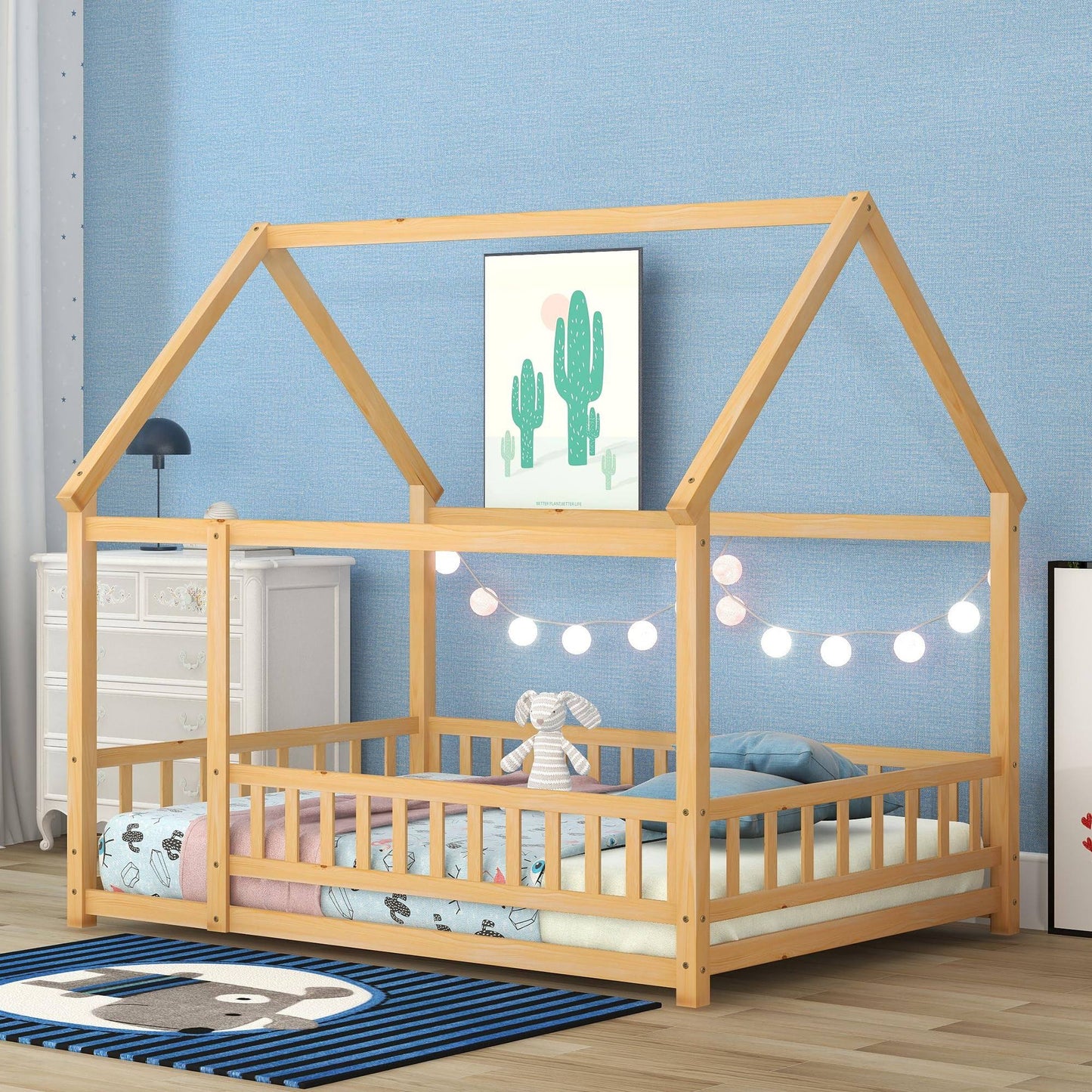 Twin Size House Floor Bed With Fence Guardrails Playhouse Bed Frame Twin Wooden Floor Bed Montessori House Bed For Kids, Toddler, Boy, Girl,