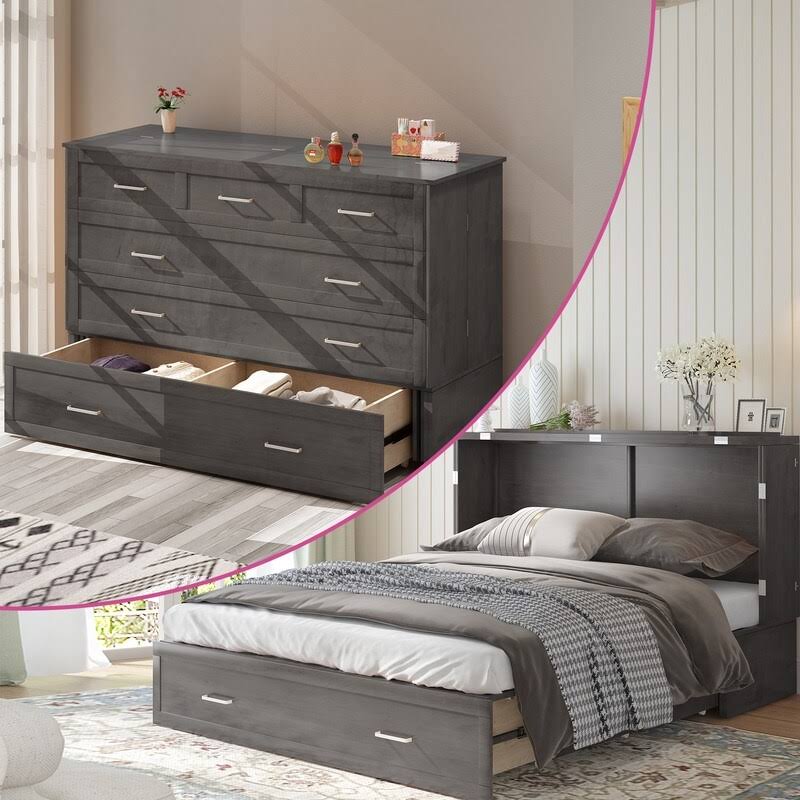 Cabinet Murphy Bed Chest With Mattress,Charging Station,Drawers - Dark Grey